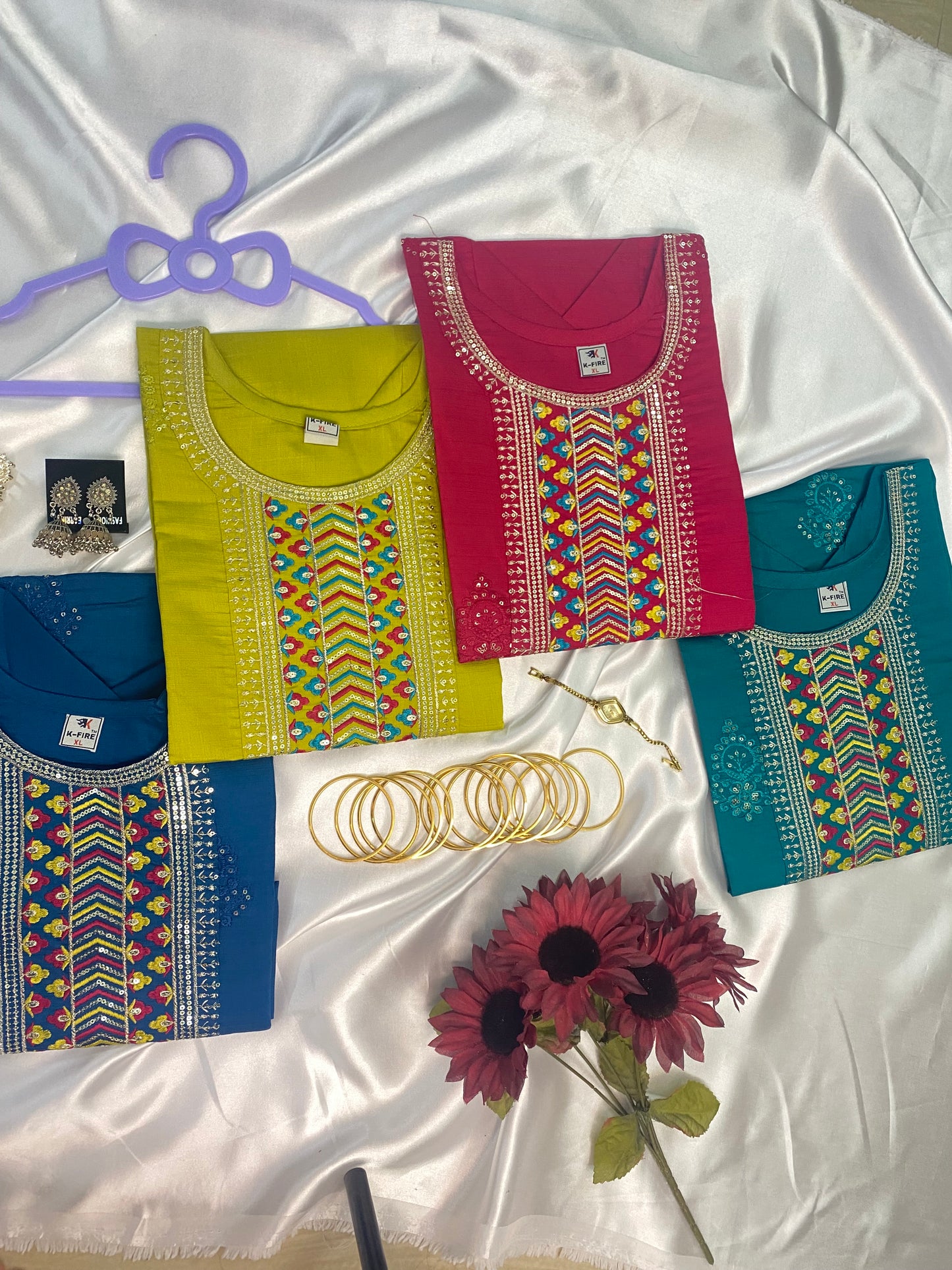 Multi-Color Thread Work Short Kurta with Mirror Highlights