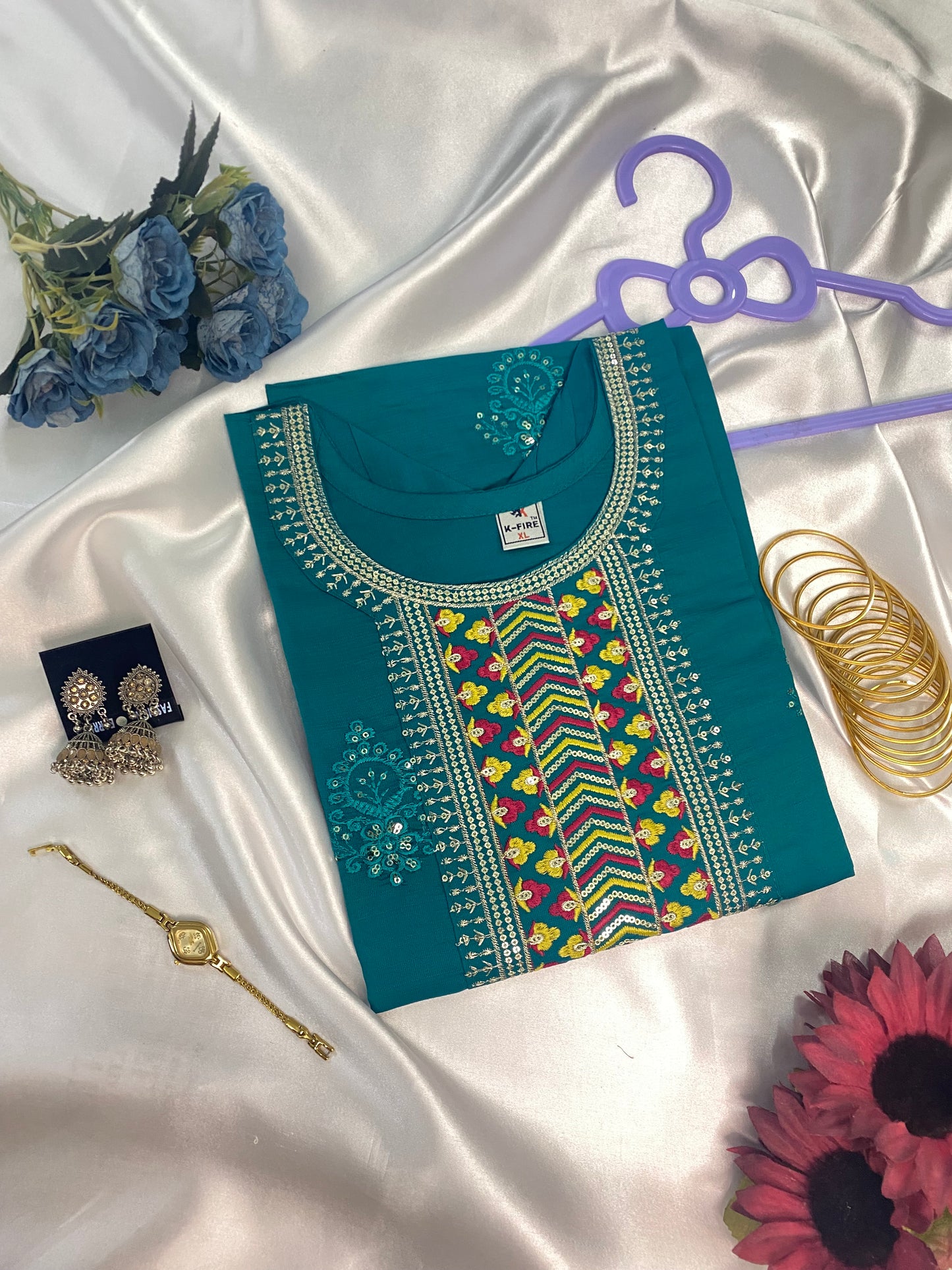 Multi-Color Thread Work Short Kurta with Mirror Highlights