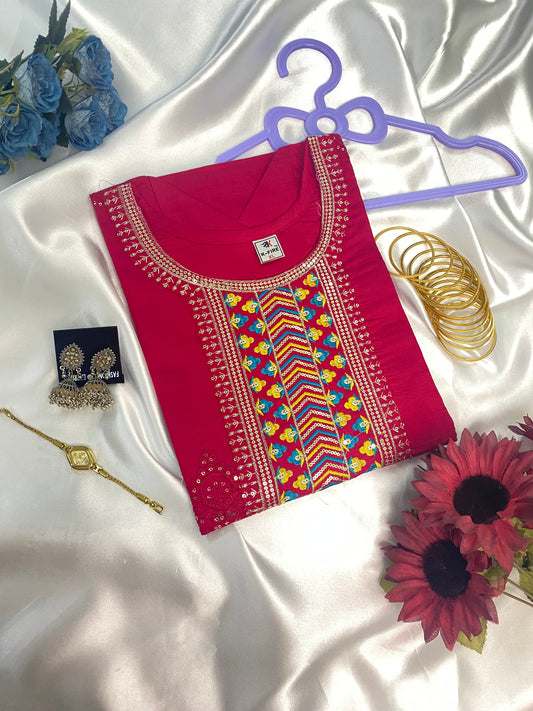 Multi-Color Thread Work Short Kurta with Mirror Highlights