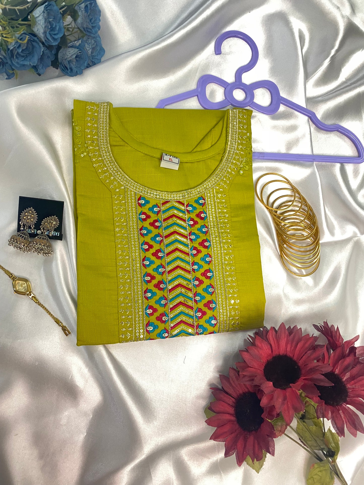 Multi-Color Thread Work Short Kurta with Mirror Highlights