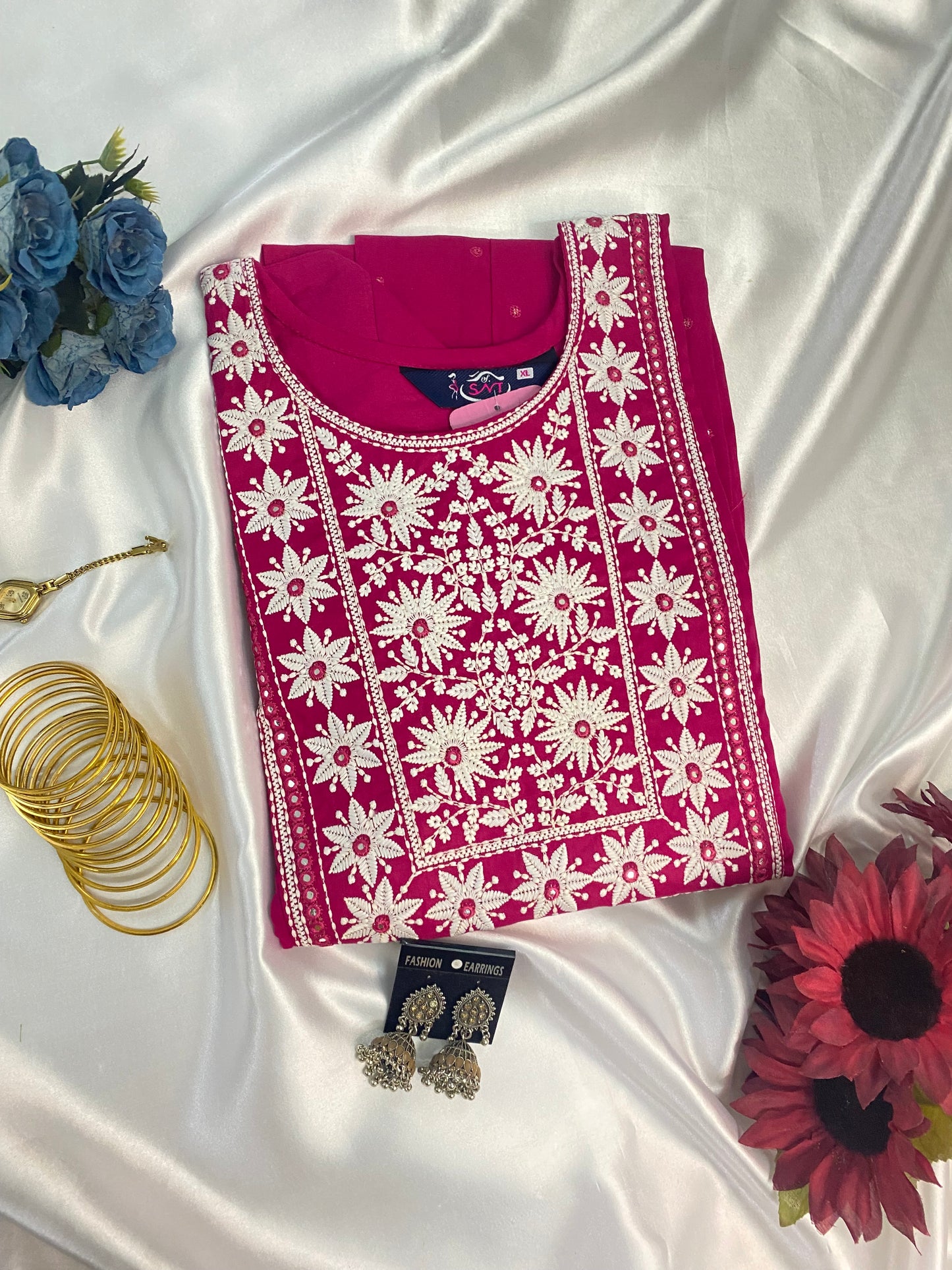 Rani Pink Floral Embroidered Anarkali Kurta