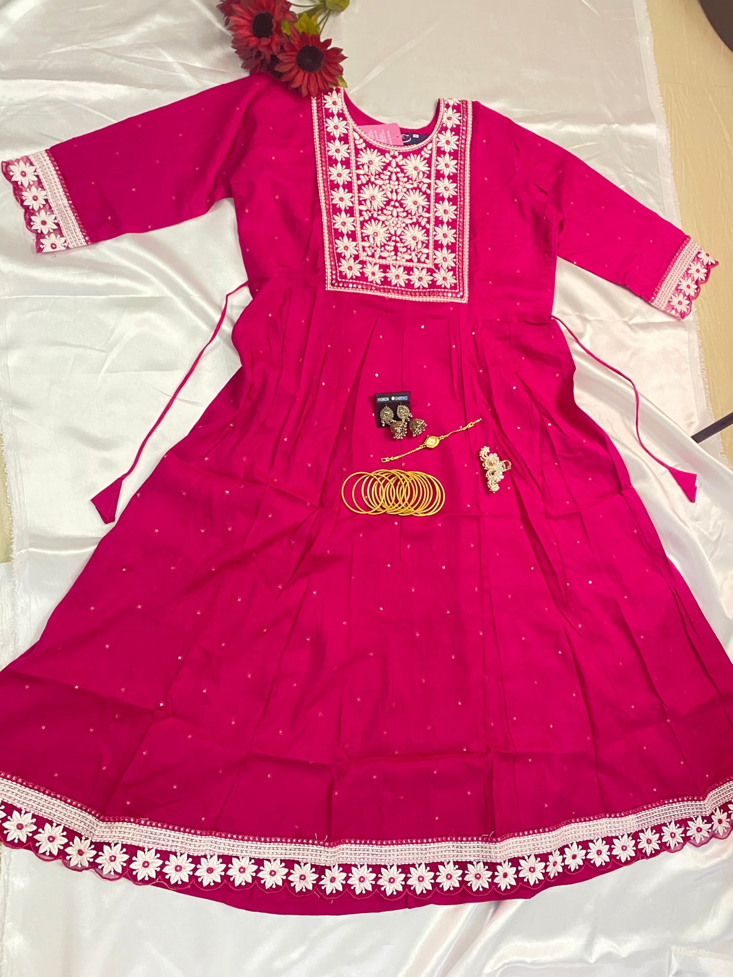 Rani Pink Floral Embroidered Anarkali Kurta