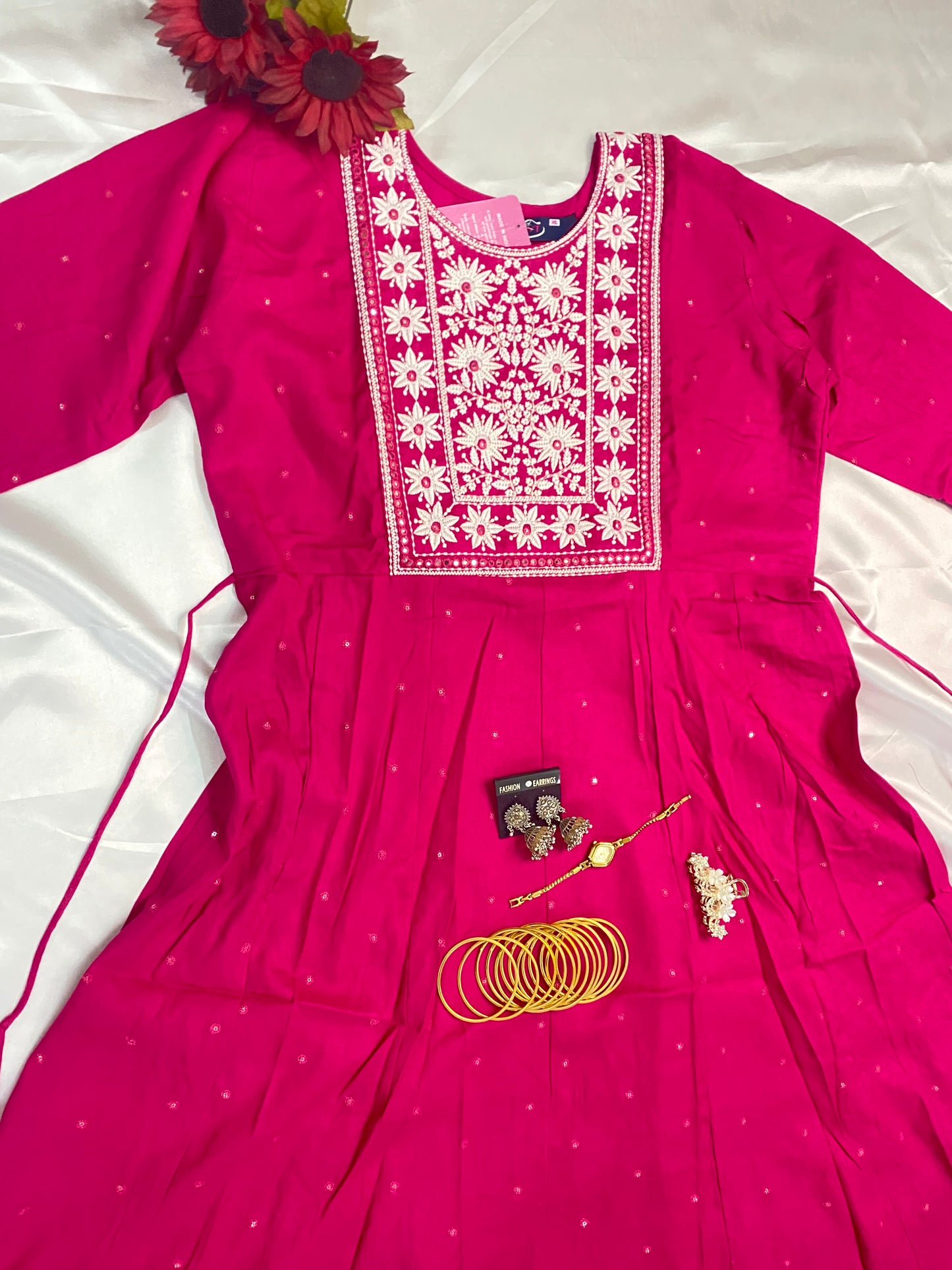 Rani Pink Floral Embroidered Anarkali Kurta