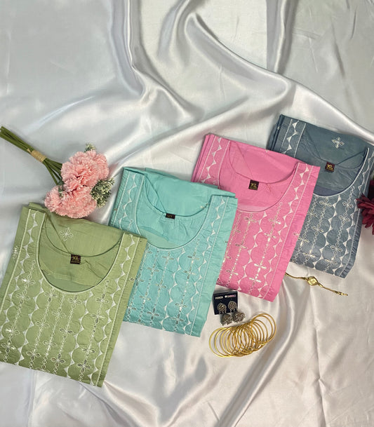 Pastel Cotton Mirror Work Kurta Pant Set (4 Colors)