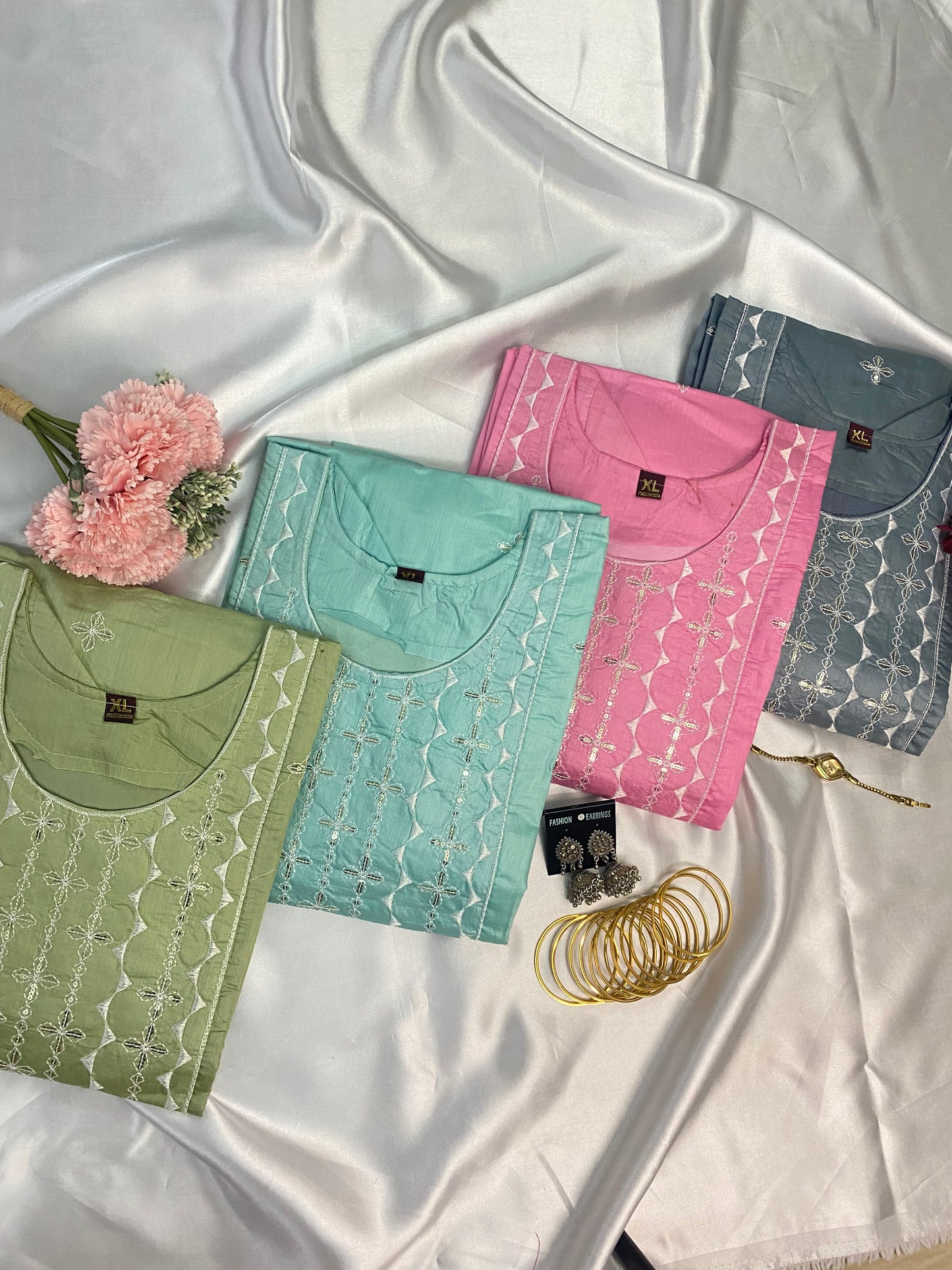 Pastel Cotton Mirror Work Kurta Pant Set (4 Colors)