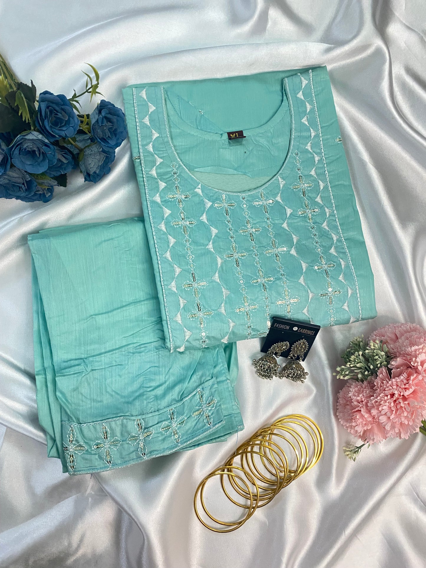Pastel Cotton Mirror Work Kurta Pant Set (4 Colors)