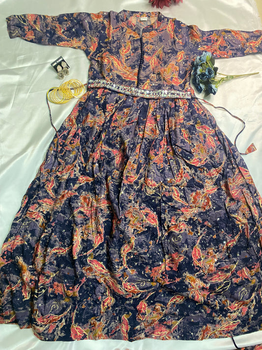 Navy Abstract Mirror Work Anarkali Kurta