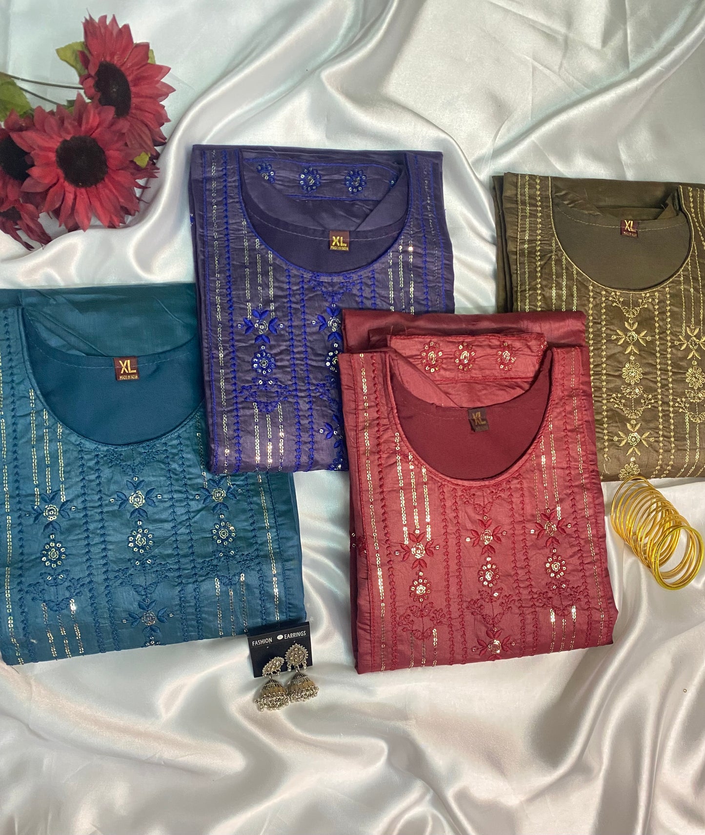 ⨠Premium Silk Feel Embroidered Kurta Sets ā Multi Colors