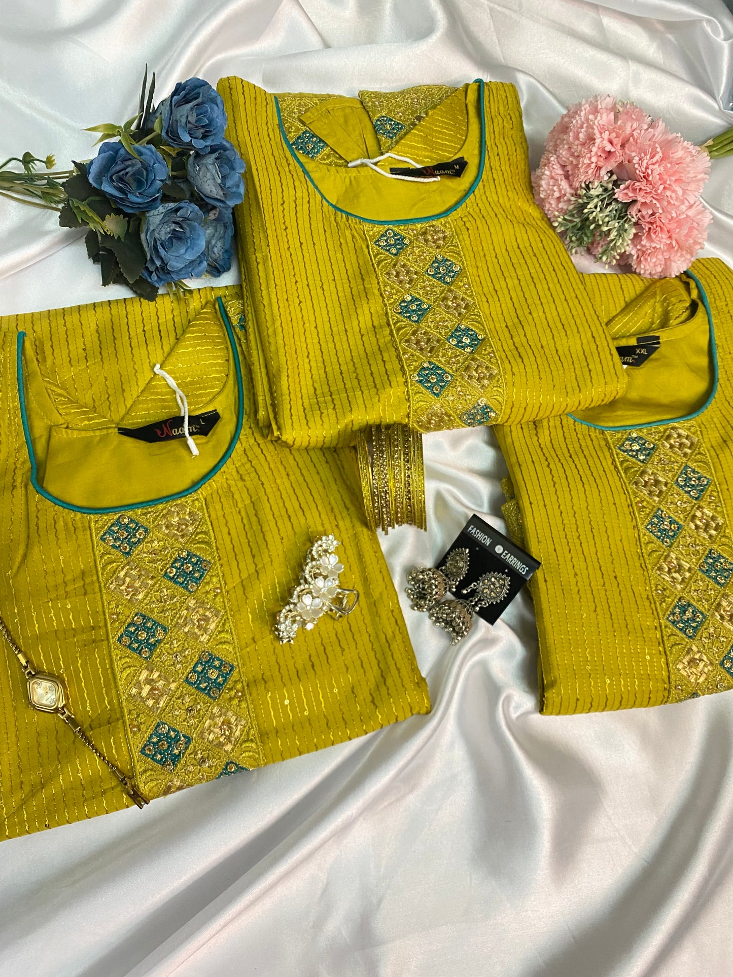 ⨠Festive Yellow Kurta Set with Embroidery & Banarasi Dupatta