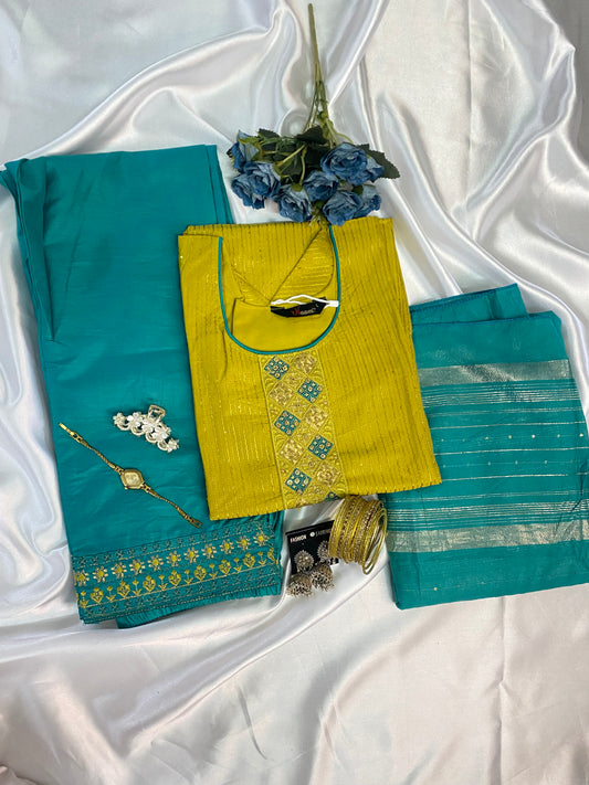 ✨ Festive Yellow Kurta Set with Embroidery & Banarasi Dupatta