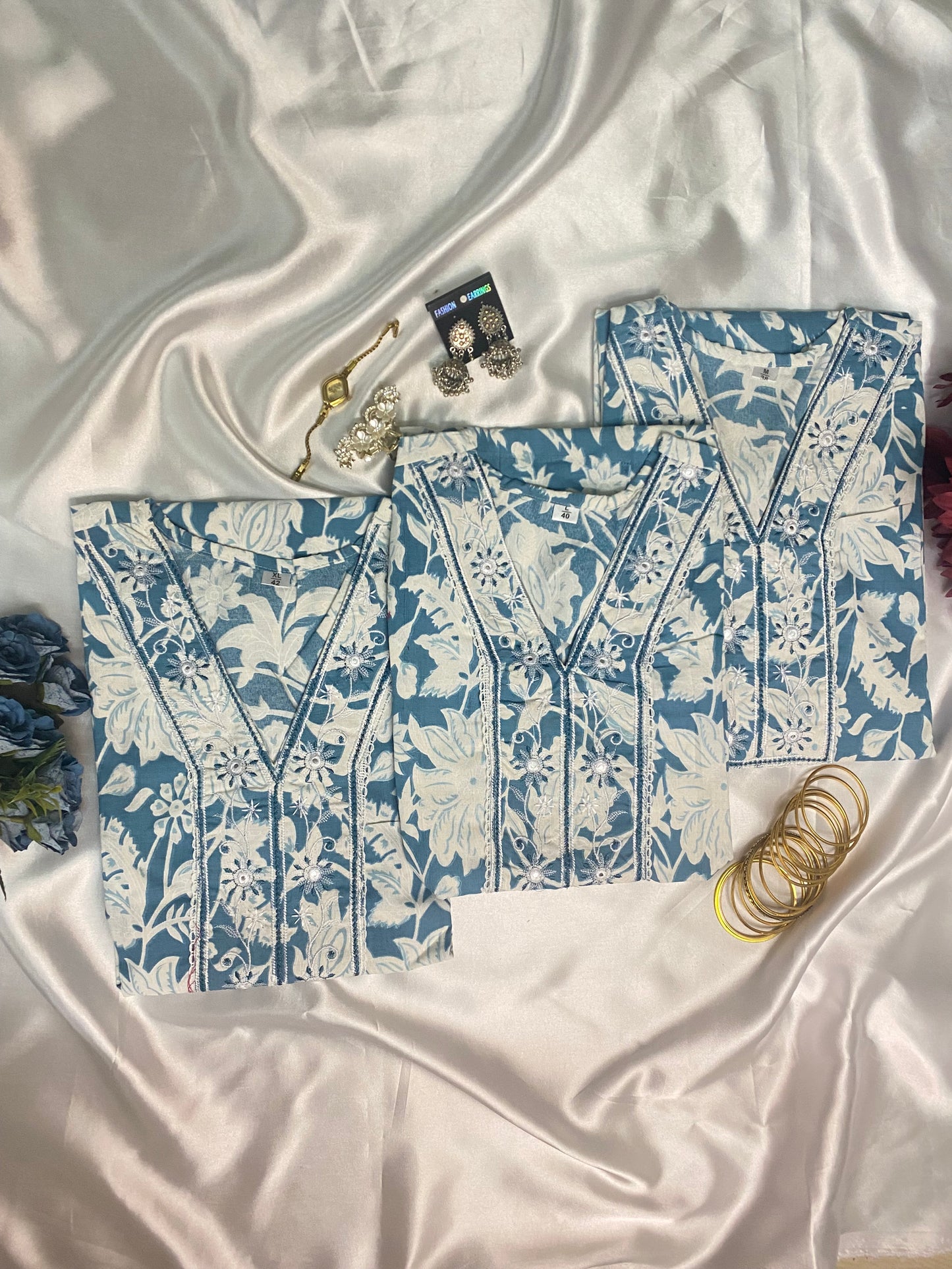 ⨠Elegant Blue Floral Kurta Set with Embroidery & Striped Pant