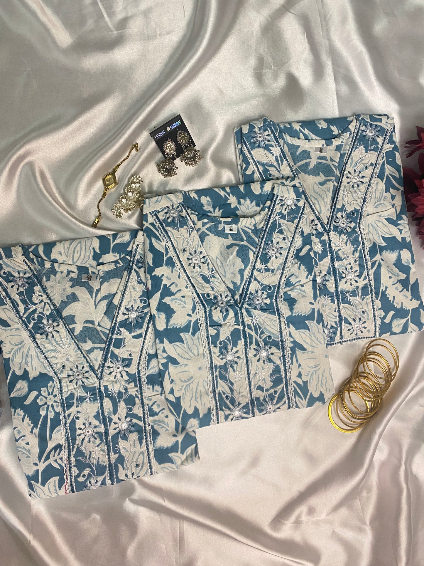 ⨠Elegant Blue Floral Kurta Set with Embroidery & Striped Pant