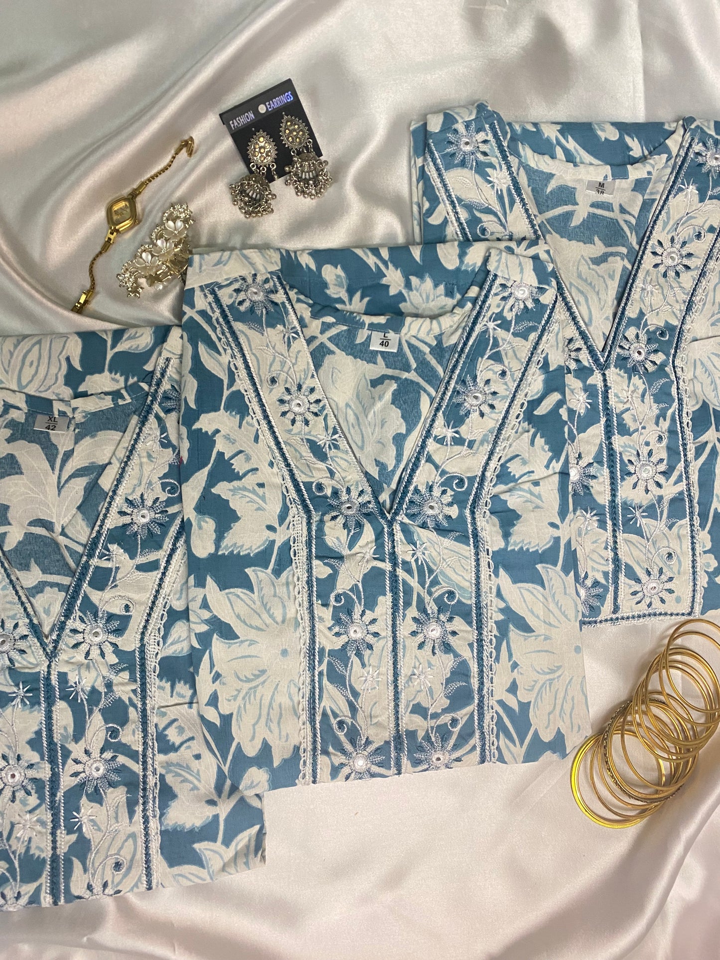 ⨠Elegant Blue Floral Kurta Set with Embroidery & Striped Pant