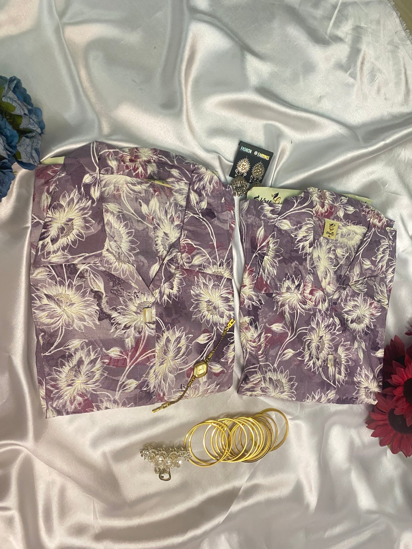 ✨ Soft Purple Floral Kurta Set with Collar Neck & Matching Pant