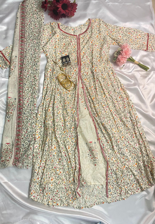 🌸 Elegant Floral Anarkali Kurta Set with Printed Dupatta
