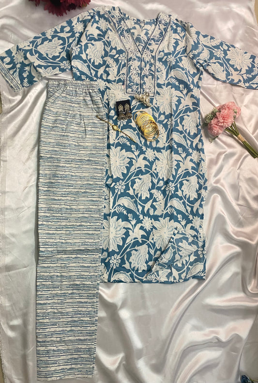 ✨ Elegant Blue Floral Kurta Set with Embroidery & Striped Pant