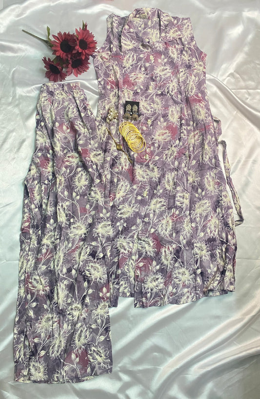 ✨ Soft Purple Floral Kurta Set with Collar Neck & Matching Pant