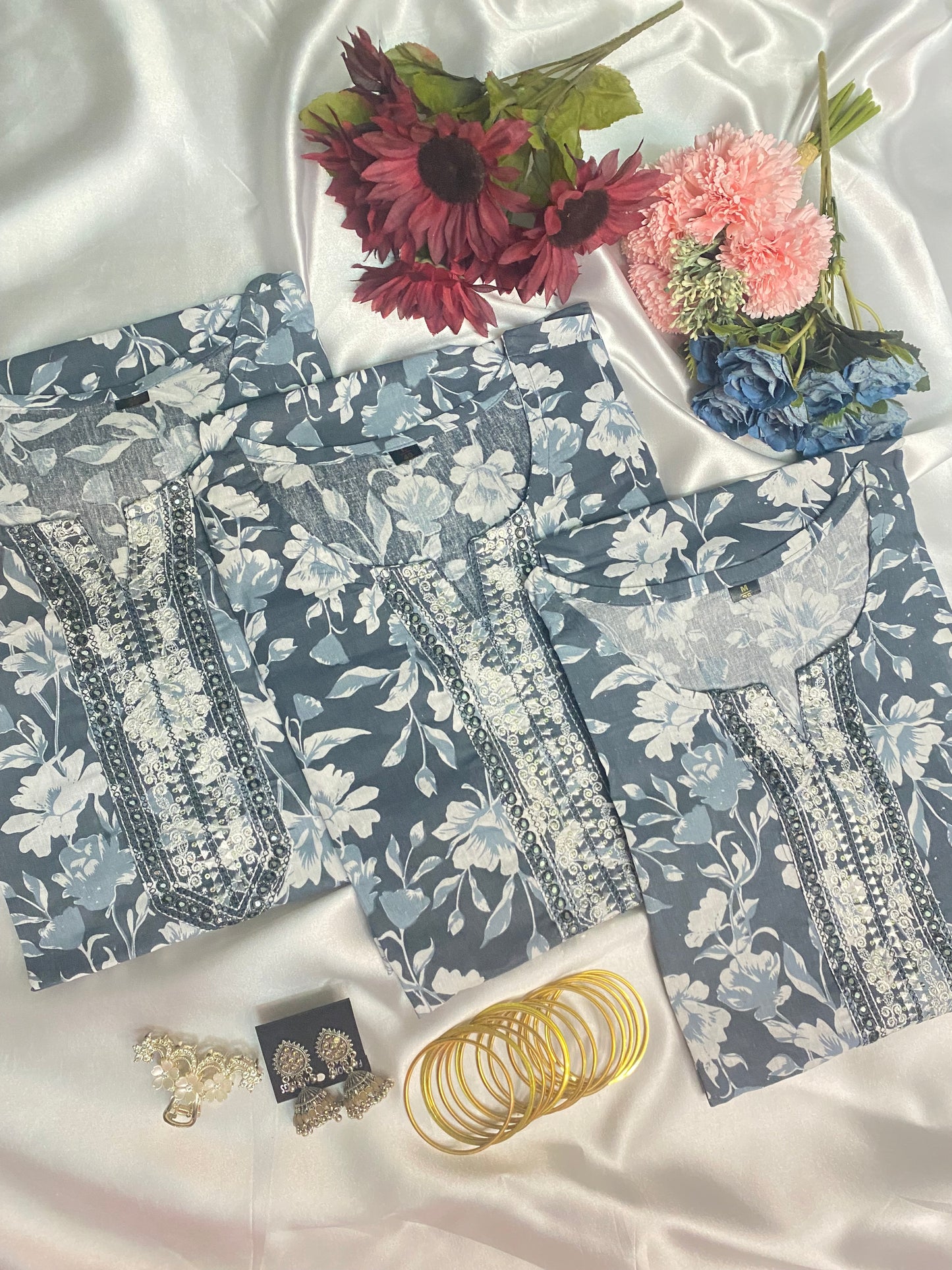 Grey Floral Embroidered Kurti Set with Printed Pant - Cotton
