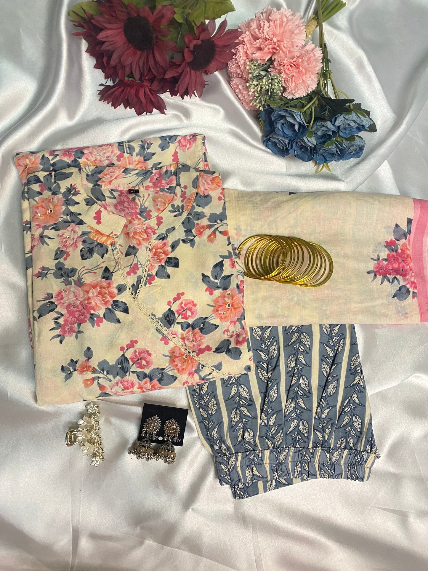 Beige Multi Floral Printed Kurti Set with Dupatta - Cotton