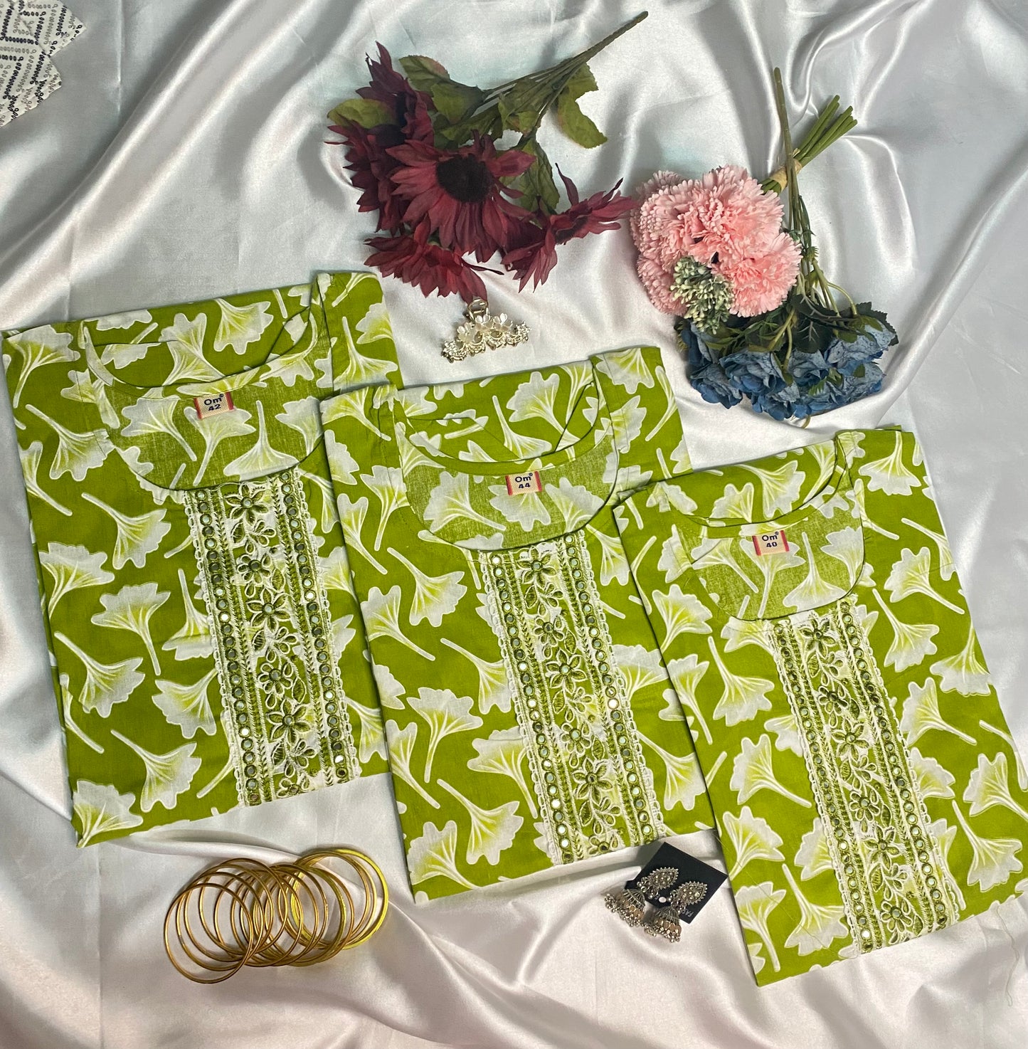 Leaf Print Cotton Kurti Set with Embroidery & Striped Pant - Green