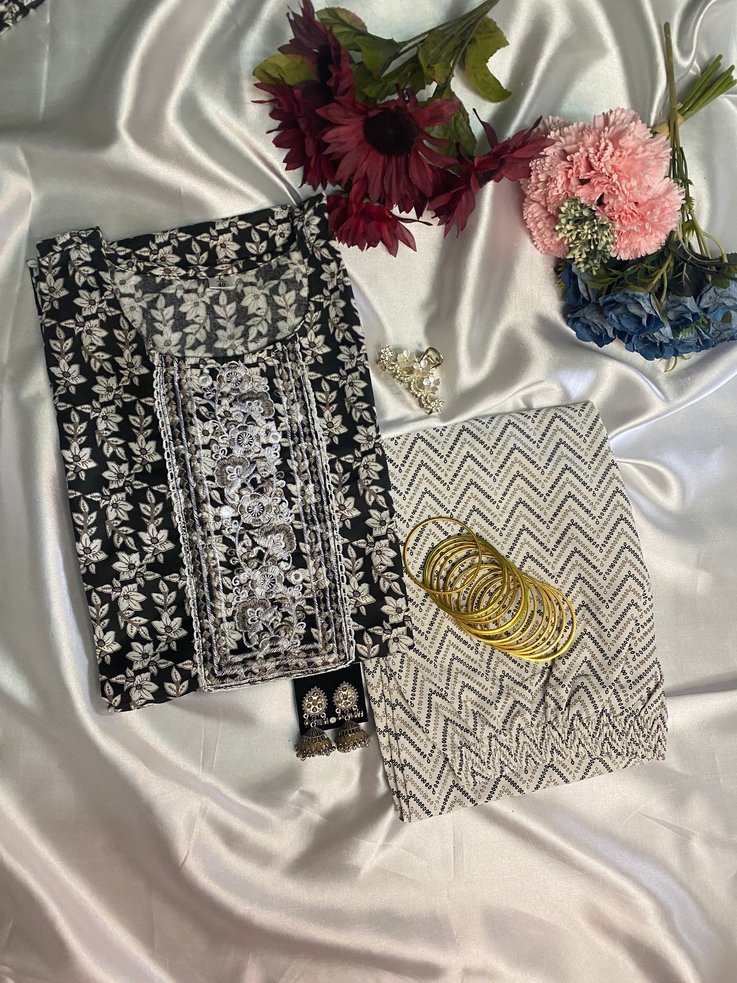 Black Floral Embroidered Kurti Set with Zigzag Printed Pant - Cotton