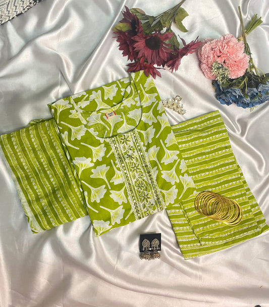 Leaf Print Cotton Kurti Set with Embroidery & Striped Pant - Green