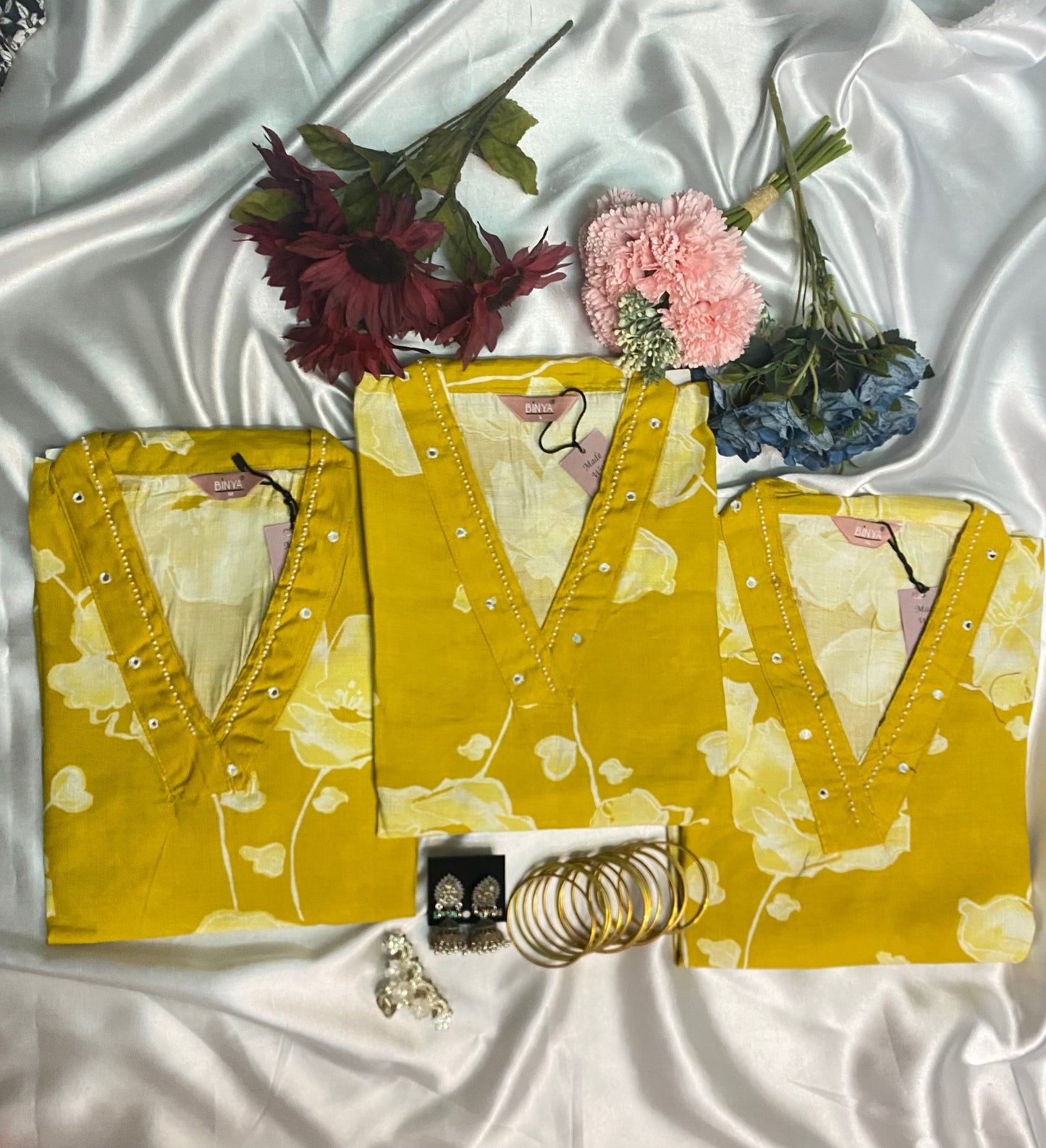Mustard Floral Printed Kurti Set with Mirror Work - Cotton