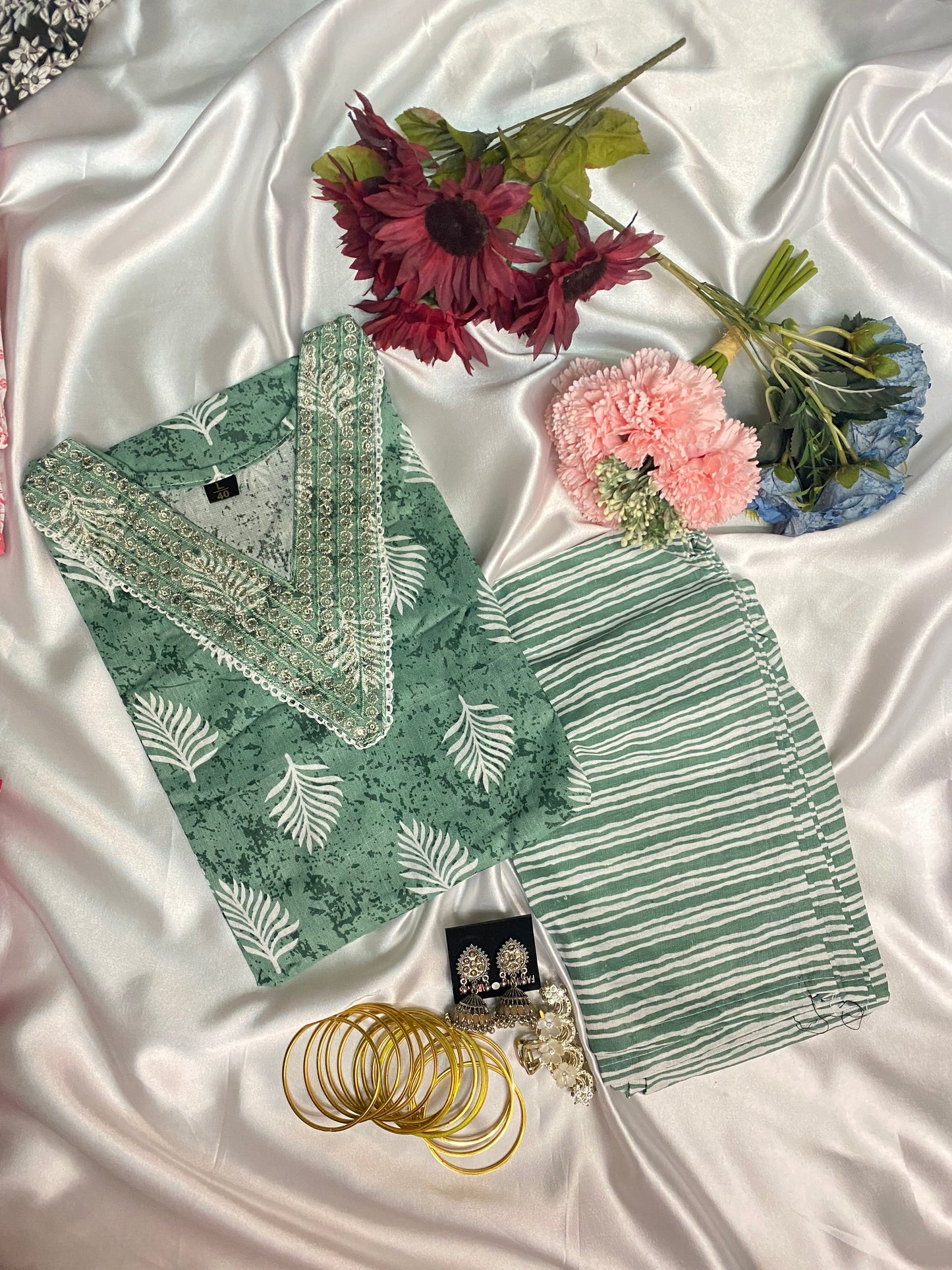 ✨ Elegant Green Printed Kurta Set with Handwork Neck & Striped Pant