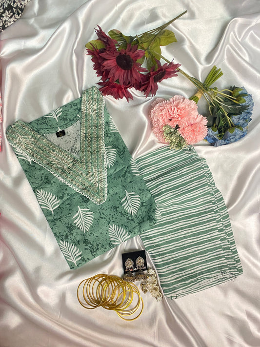 ✨ Elegant Green Printed Kurta Set with Handwork Neck & Striped Pant