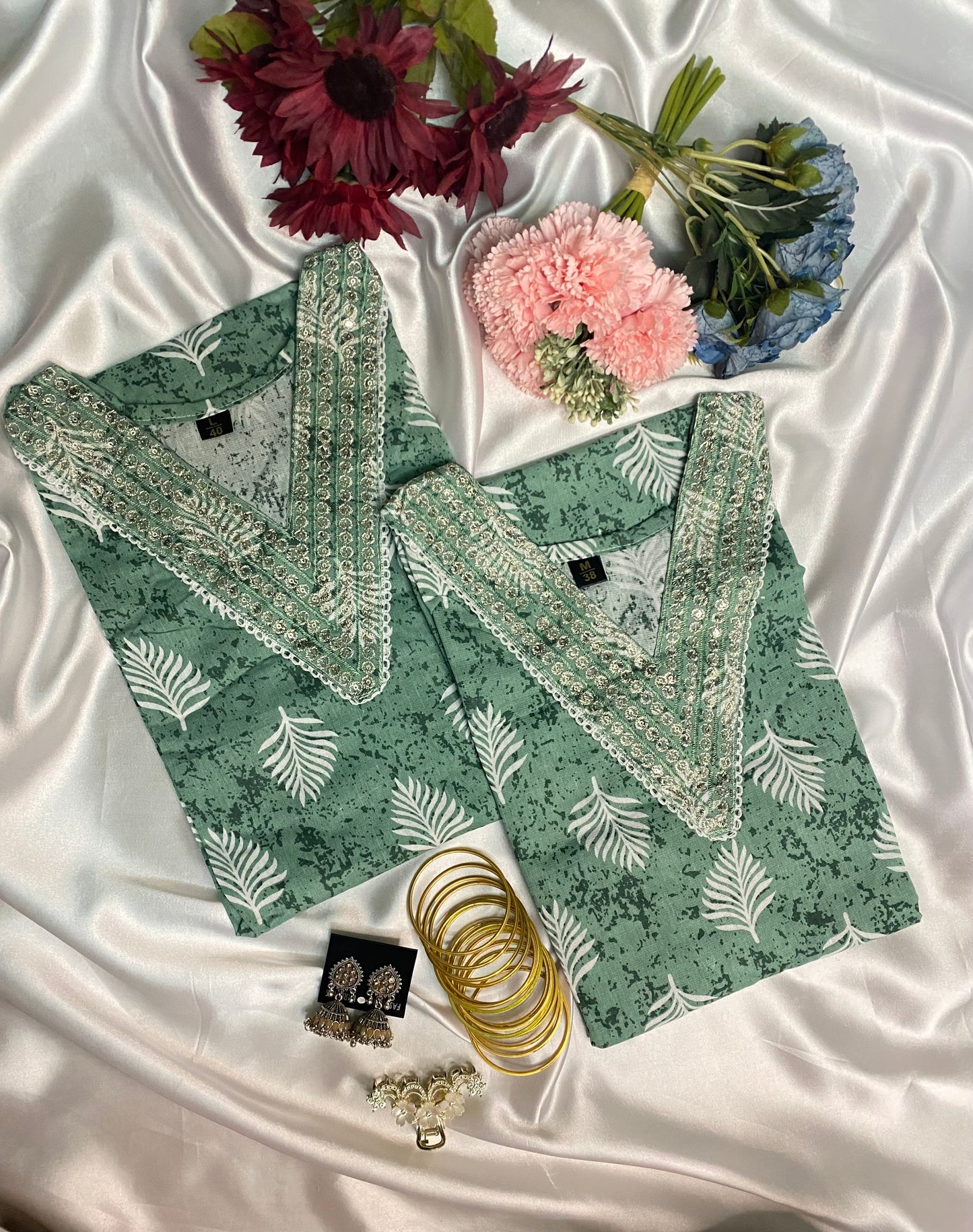 ✨ Elegant Green Printed Kurta Set with Handwork Neck & Striped Pant
