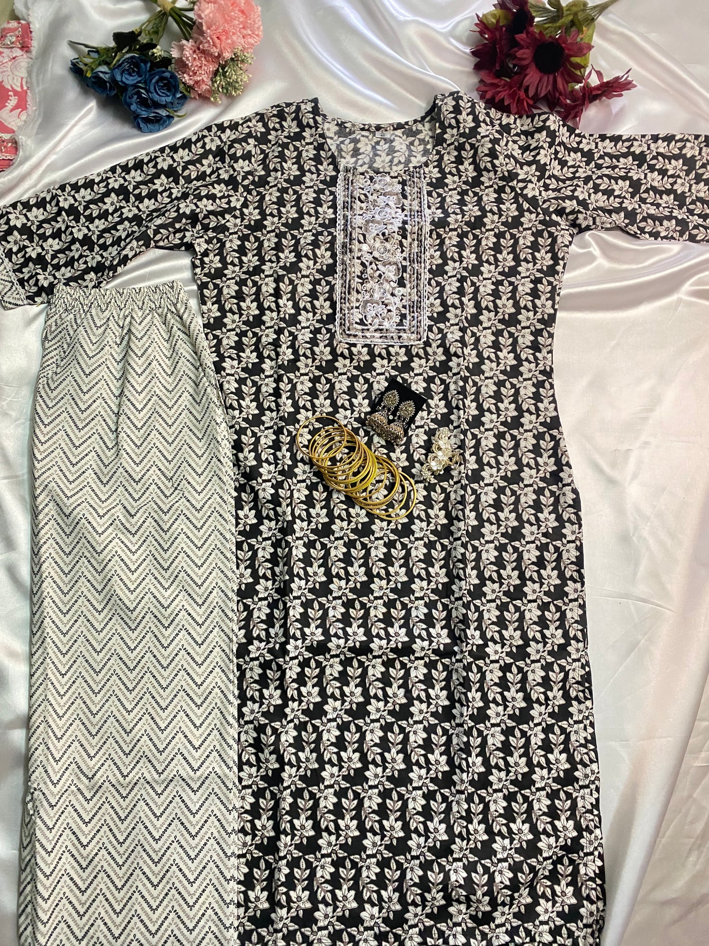 Black Floral Embroidered Kurti Set with Zigzag Printed Pant - Cotton