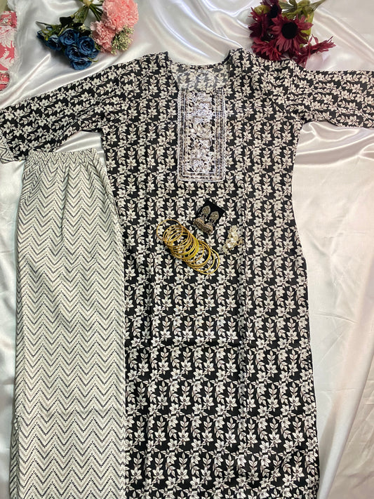 Black Floral Embroidered Kurti Set with Zigzag Printed Pant - Cotton