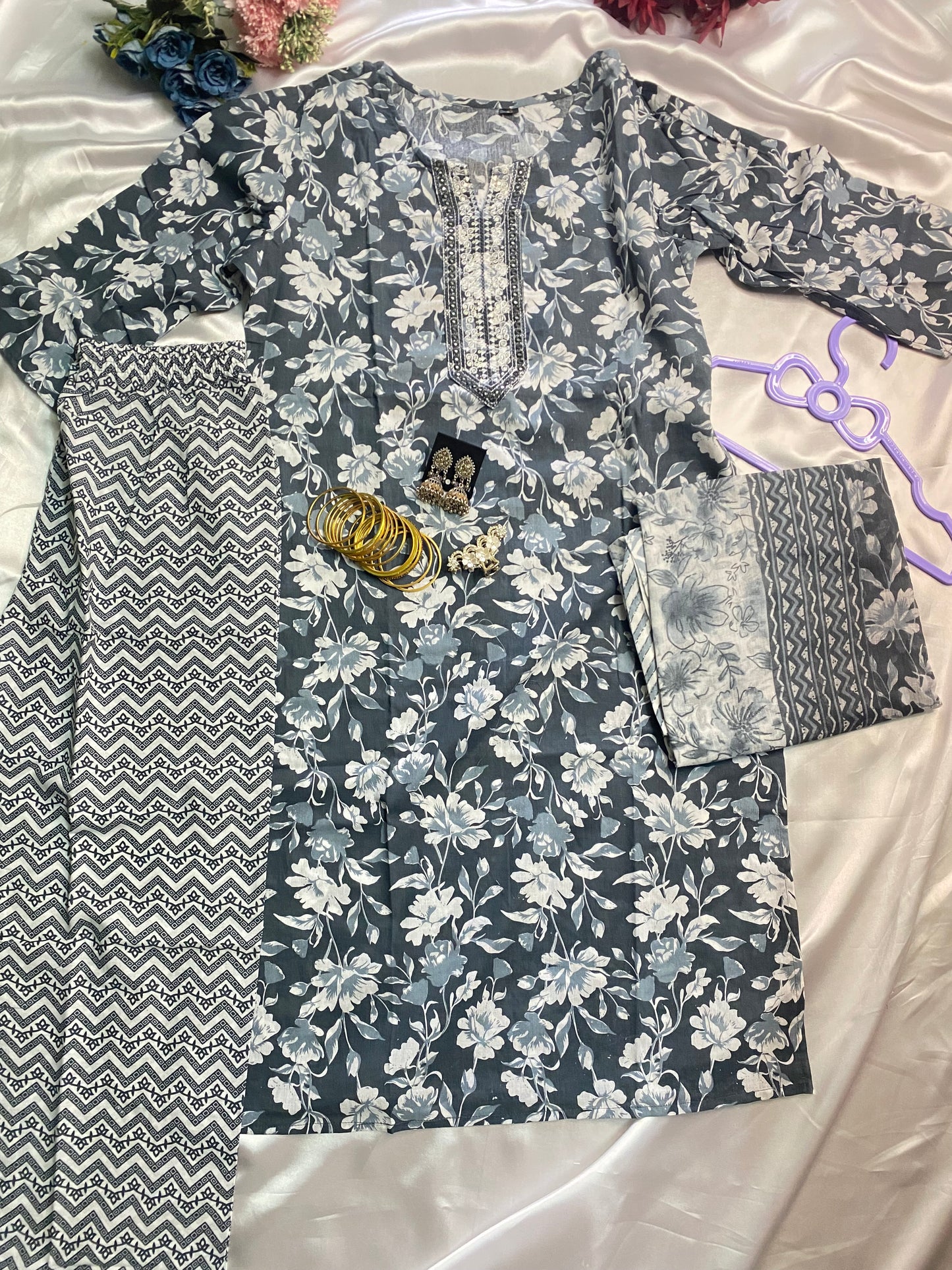 Grey Floral Embroidered Kurti Set with Printed Pant - Cotton