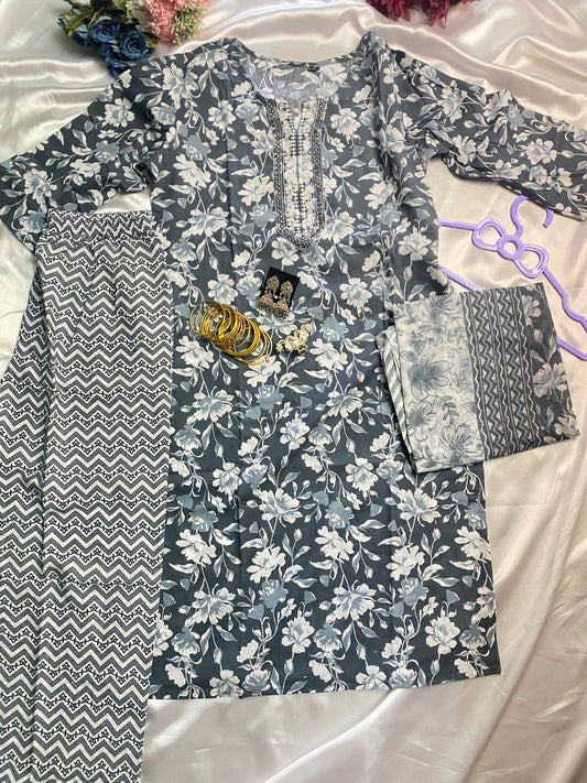 Grey Floral Embroidered Kurti Set with Printed Pant - Cotton