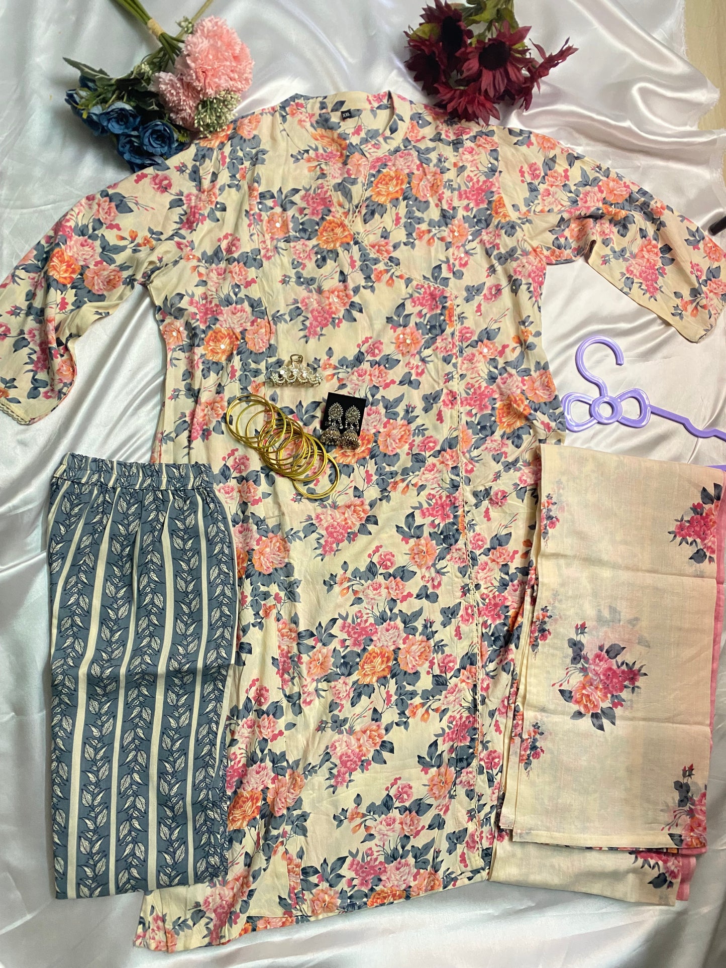Beige Multi Floral Printed Kurti Set with Dupatta - Cotton