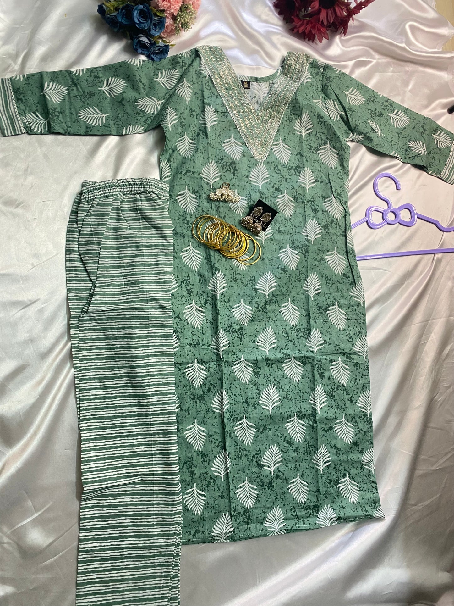 ✨ Elegant Green Printed Kurta Set with Handwork Neck & Striped Pant