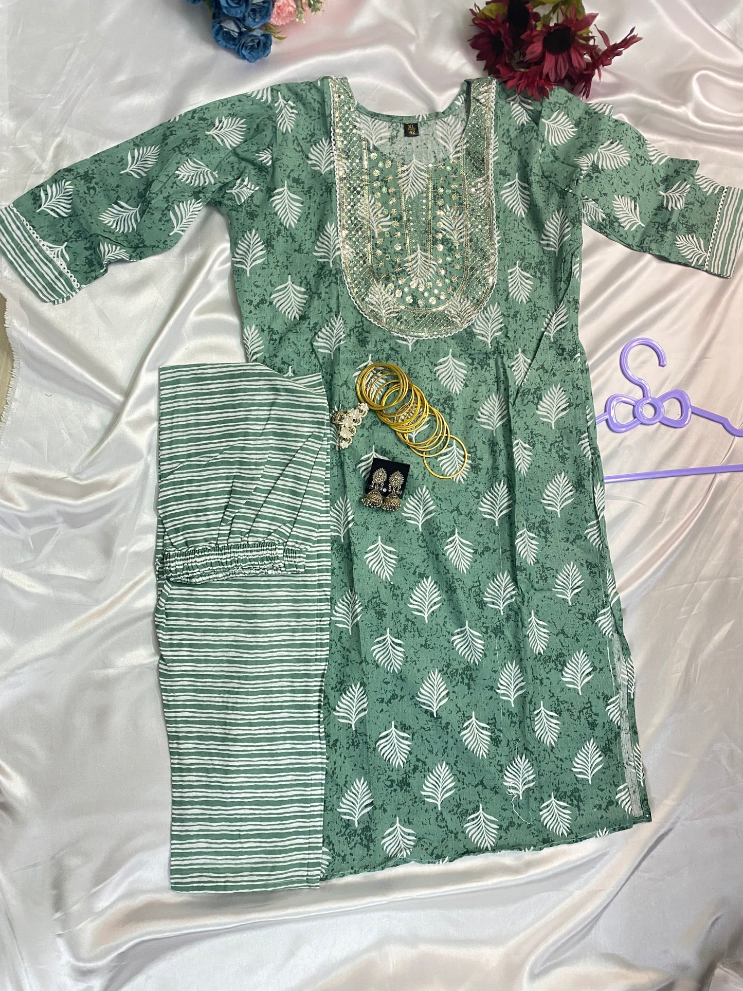 ✨ Elegant Green Printed Kurta Set with Handwork Neck & Striped Pant