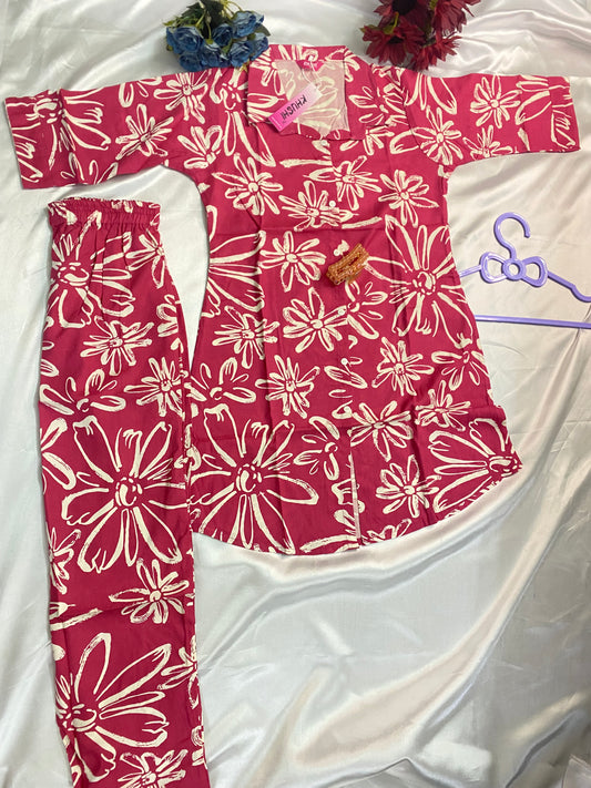 Pink Floral Printed Kurti Set - Soft Cotton