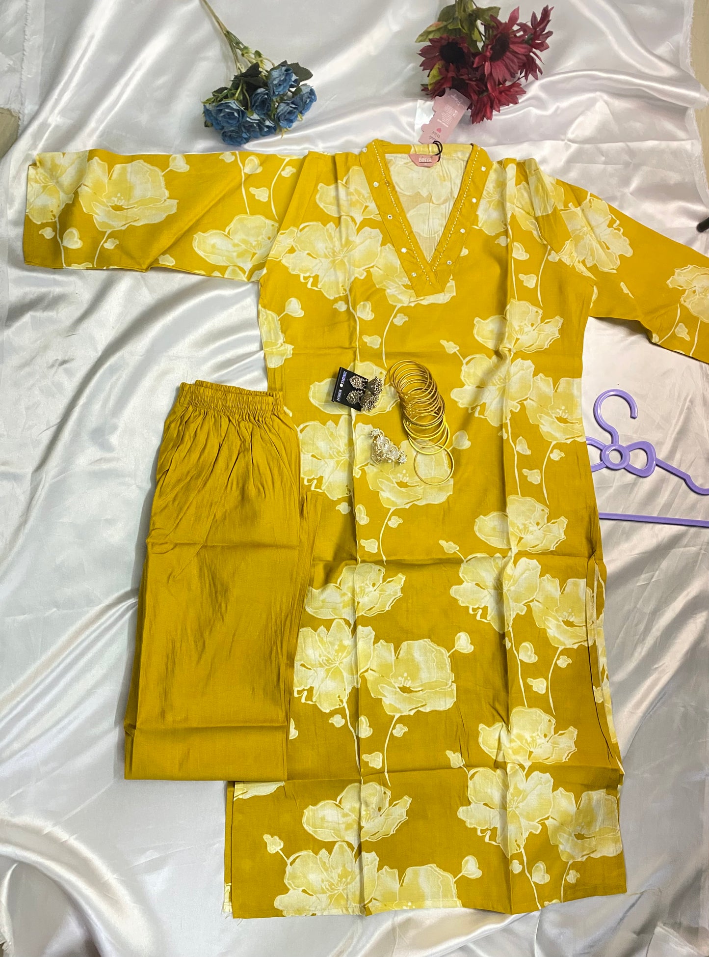 Mustard Floral Printed Kurti Set with Mirror Work - Cotton