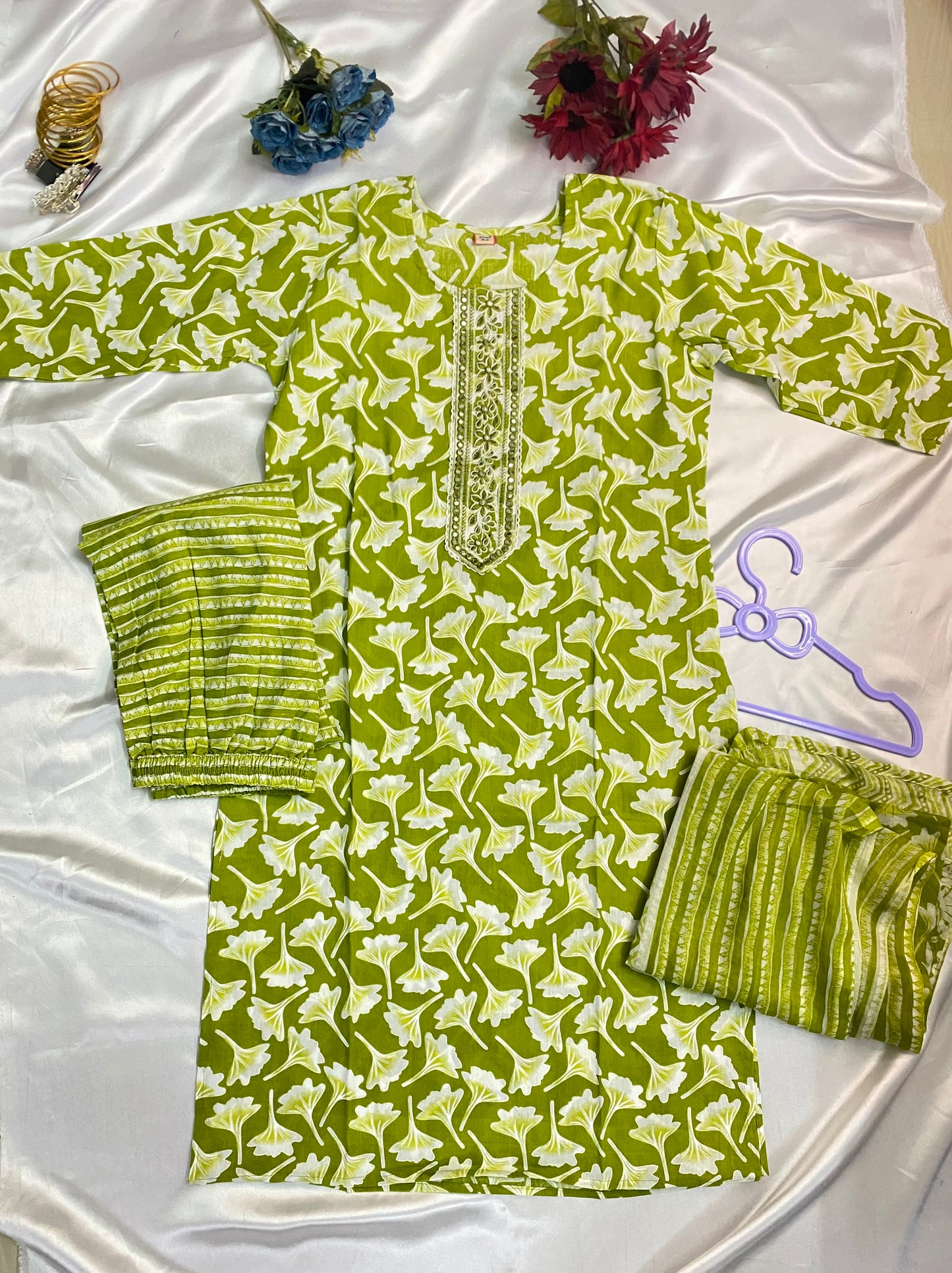Leaf Print Cotton Kurti Set with Embroidery & Striped Pant - Green