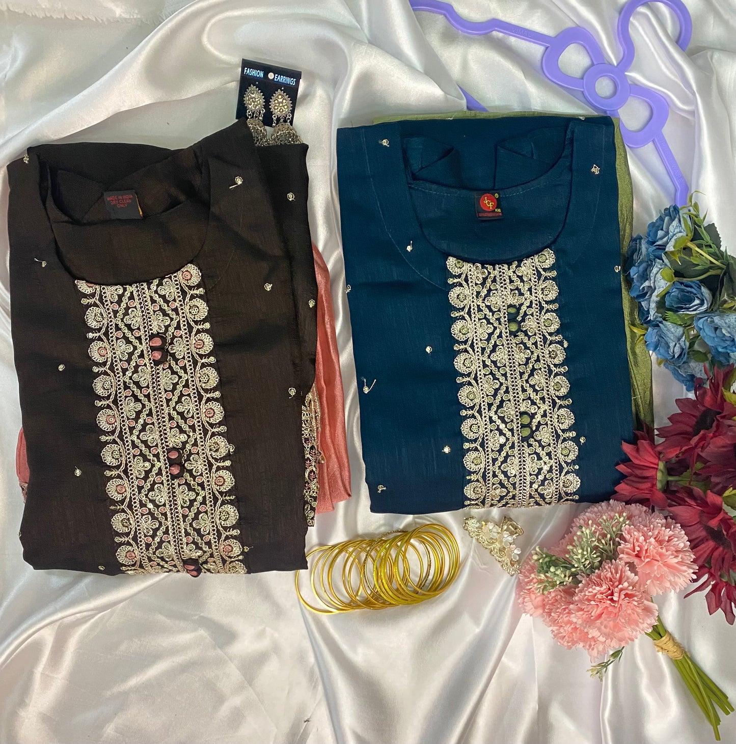 Elegant Embroidered Kurti Set – Available in Brown & Teal Blue