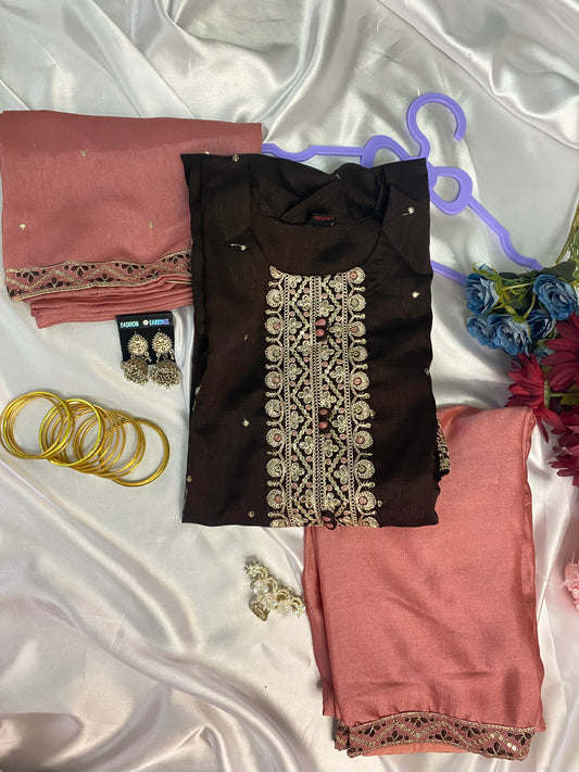 Elegant Embroidered Kurti Set – Available in Brown & Teal Blue