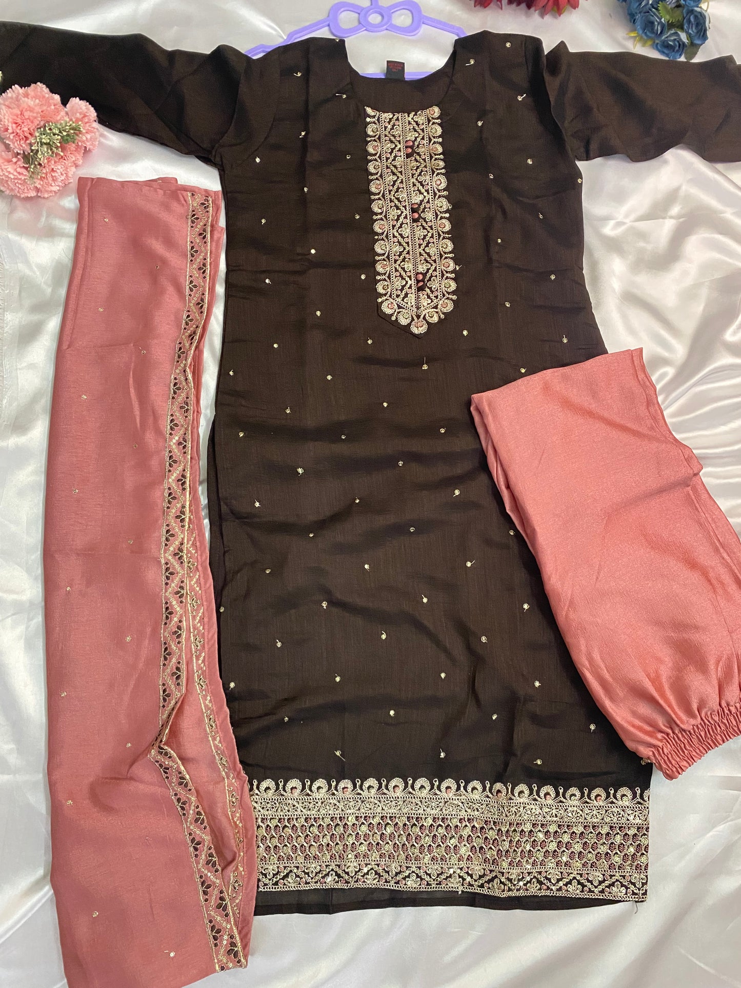 Elegant Embroidered Kurti Set – Available in Brown & Teal Blue