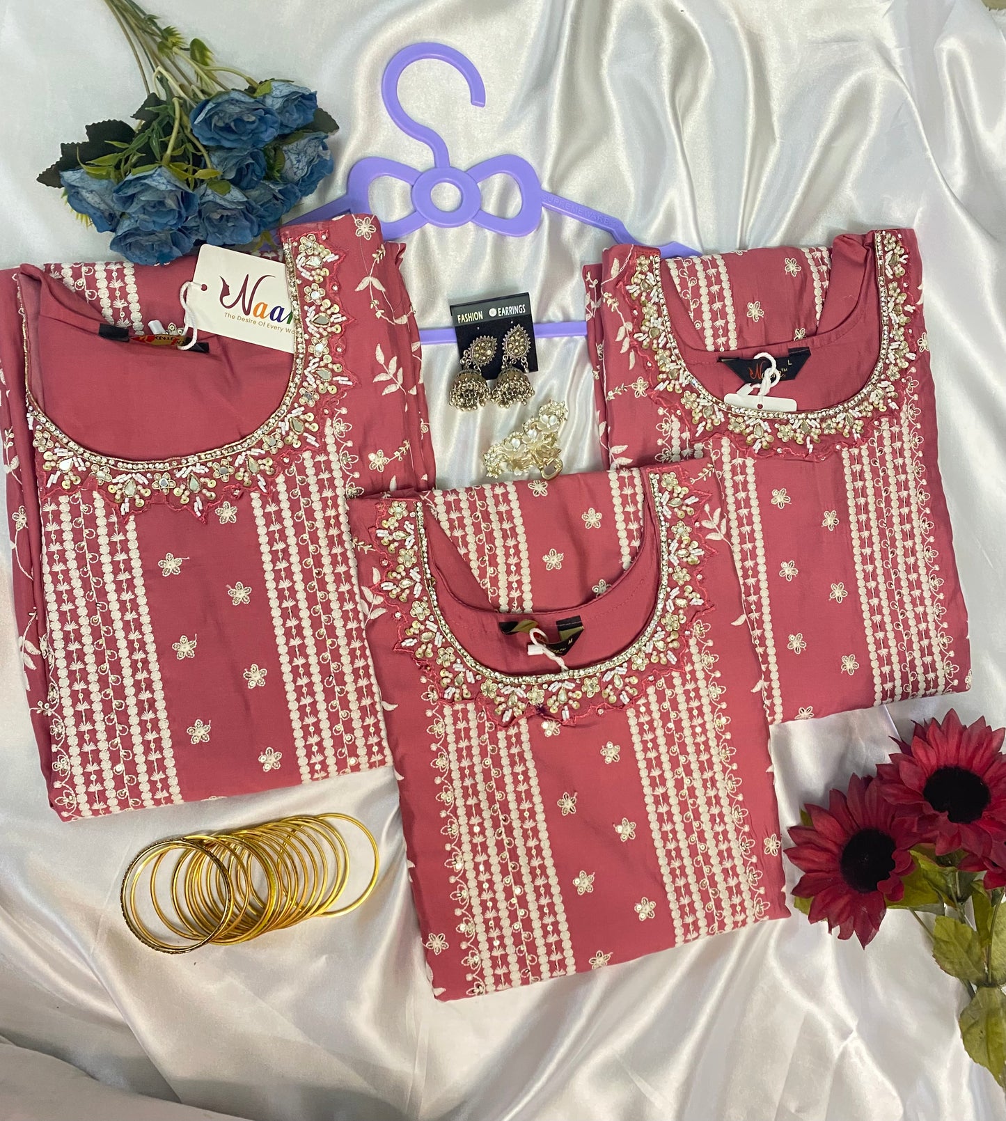 Pink Embroidered Kurti Set with White Dupatta