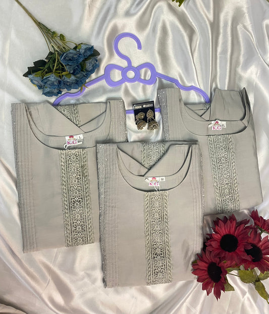 Elegant Grey Embroidered Kurti Set (M, L, XL,XXL)