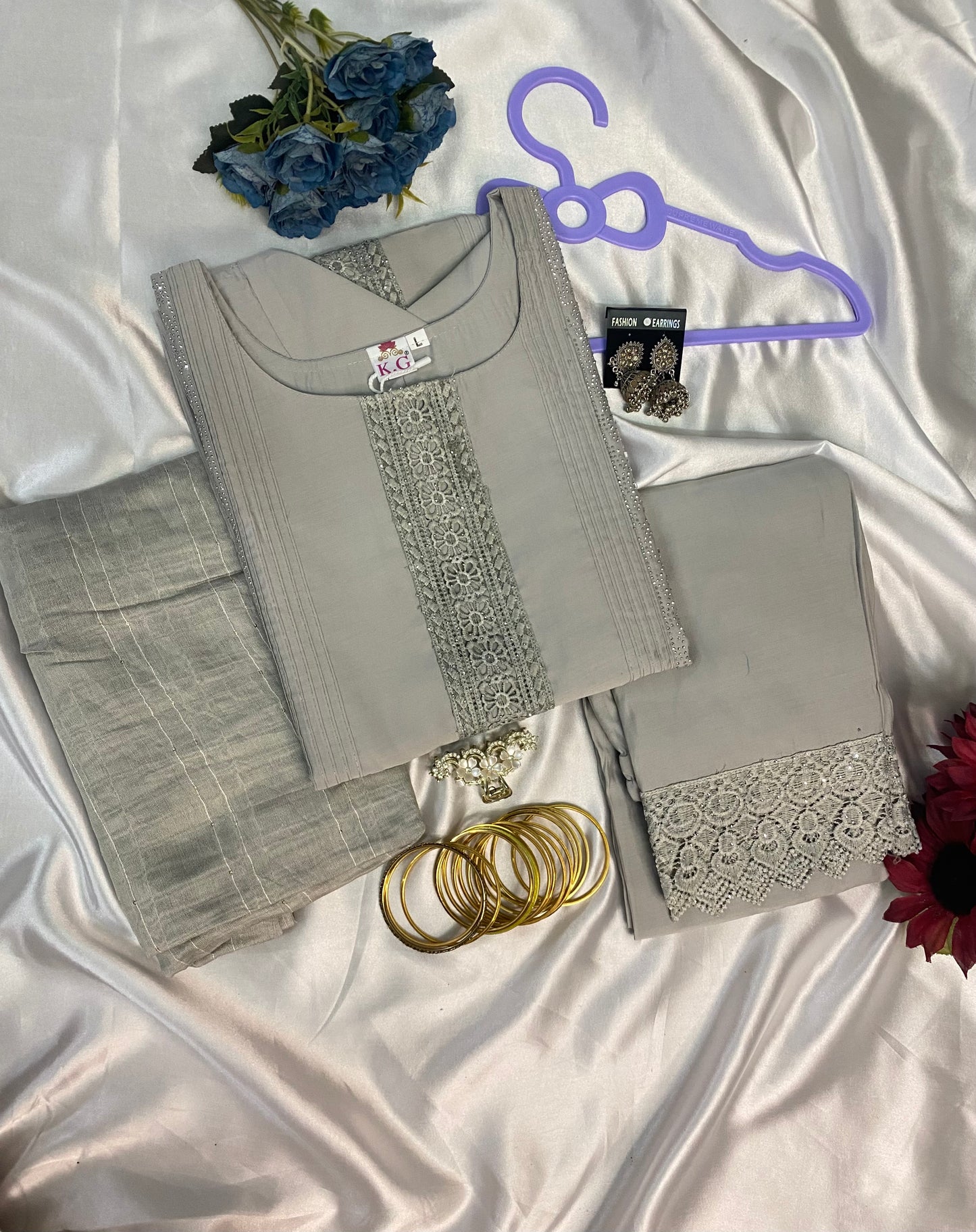 Elegant Grey Embroidered Kurti Set (M, L, XL,XXL)