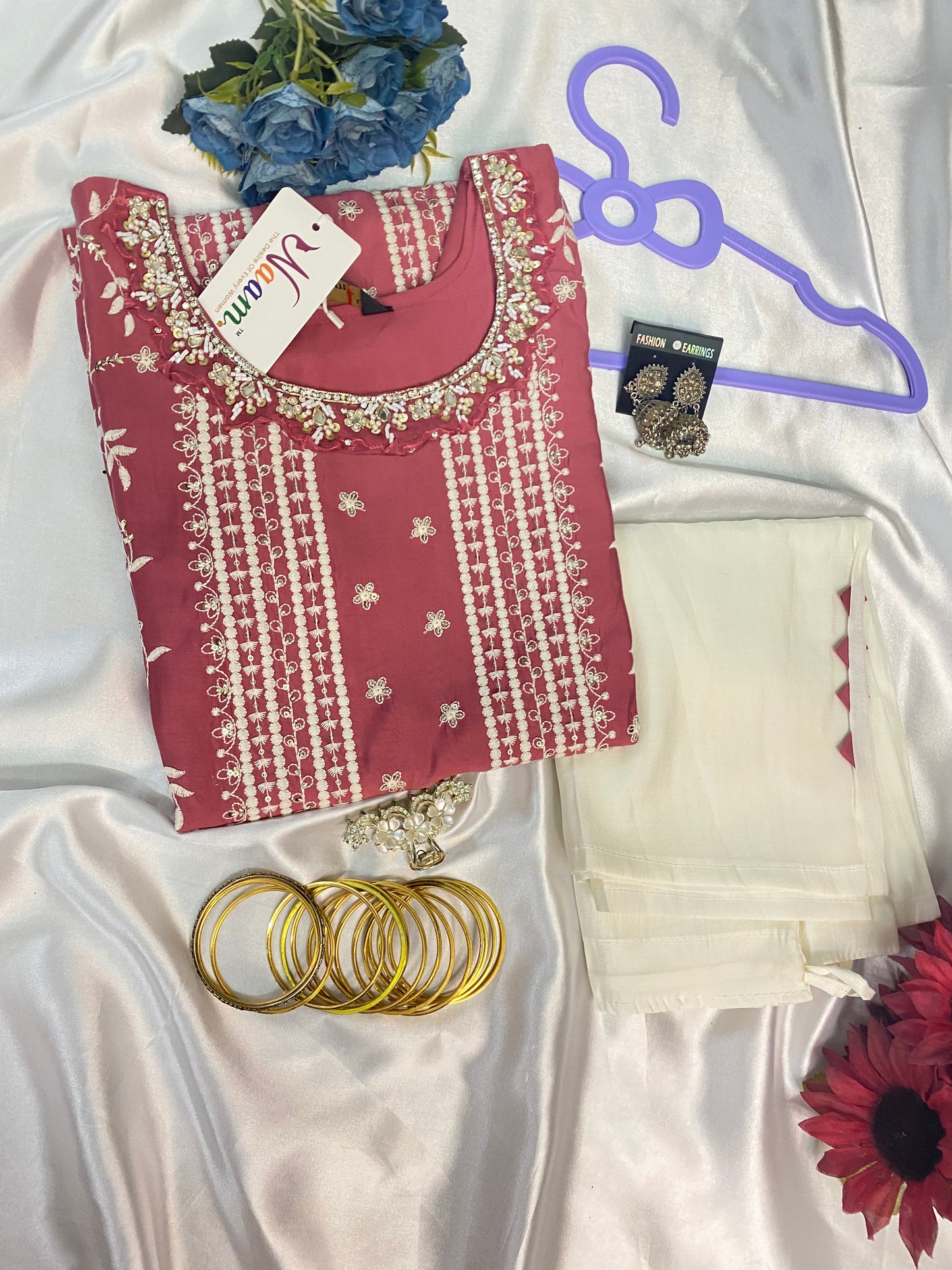 Pink Embroidered Kurti Set with White Dupatta