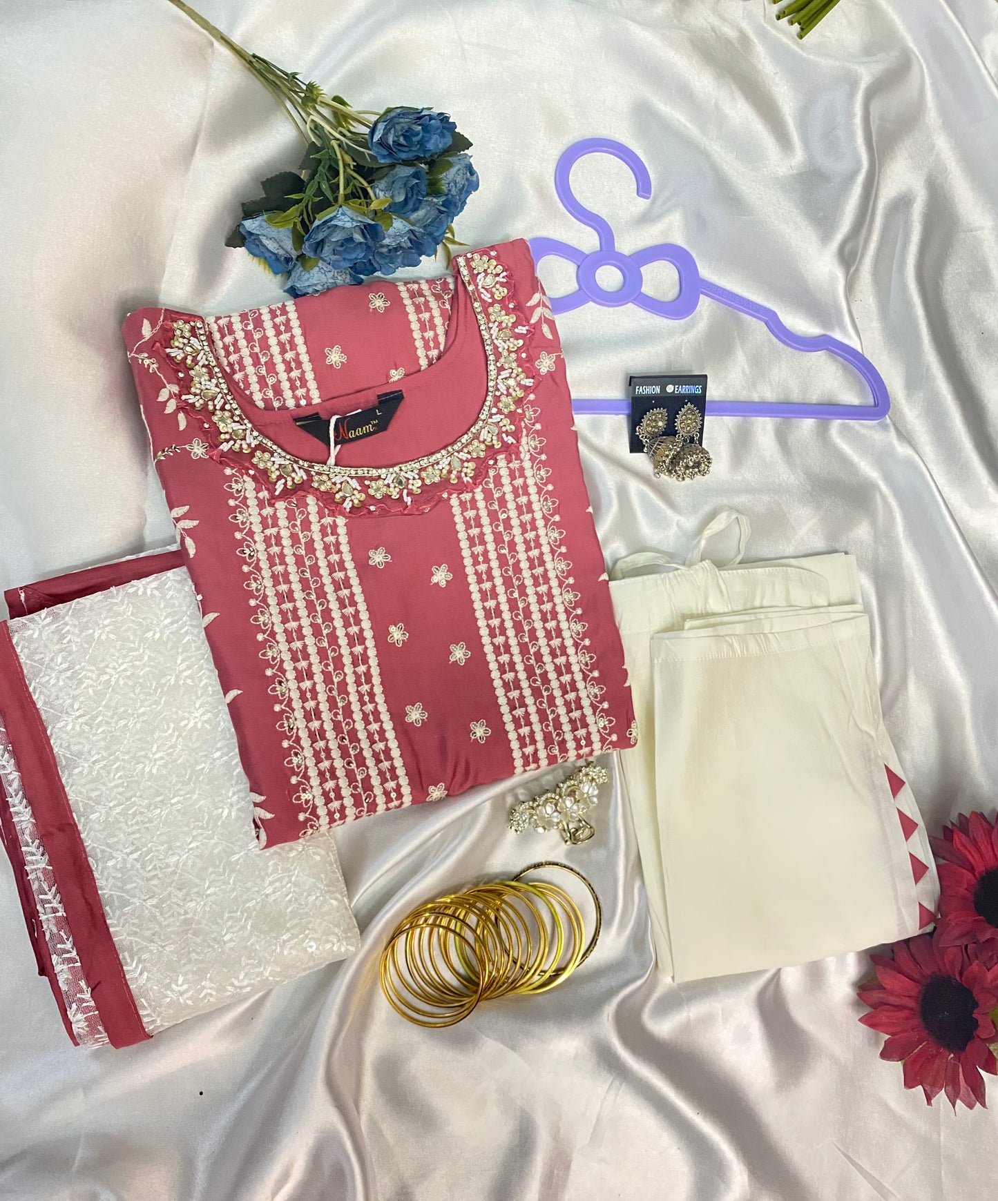 Pink Embroidered Kurti Set with White Dupatta