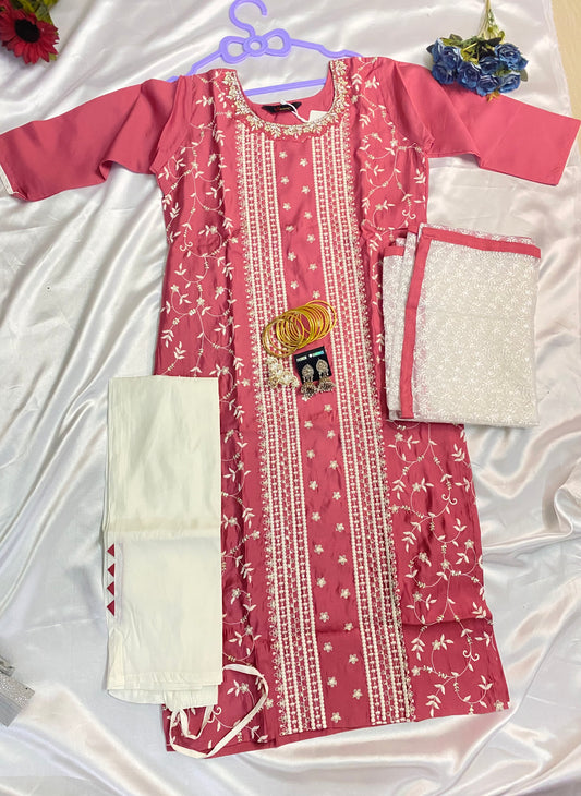 Pink Embroidered Kurti Set with White Dupatta
