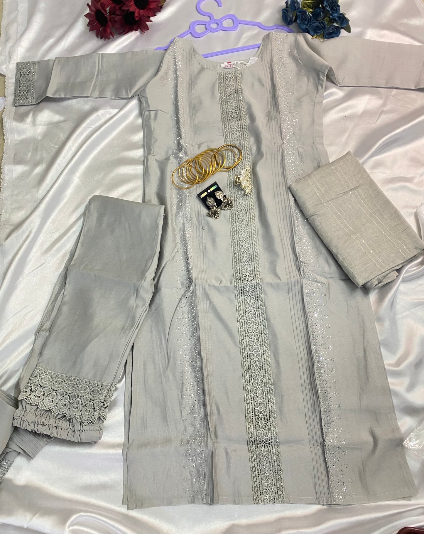 Elegant Grey Embroidered Kurti Set (M, L, XL,XXL)